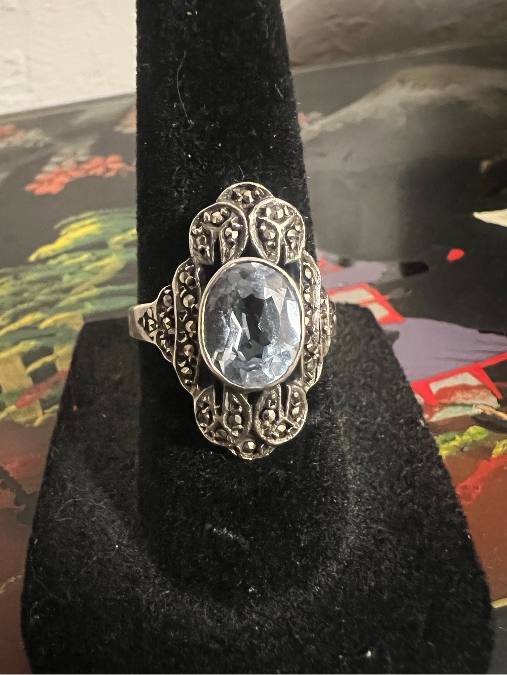 Vintage sterling silver,marcacite and possible topaz sz6 ring